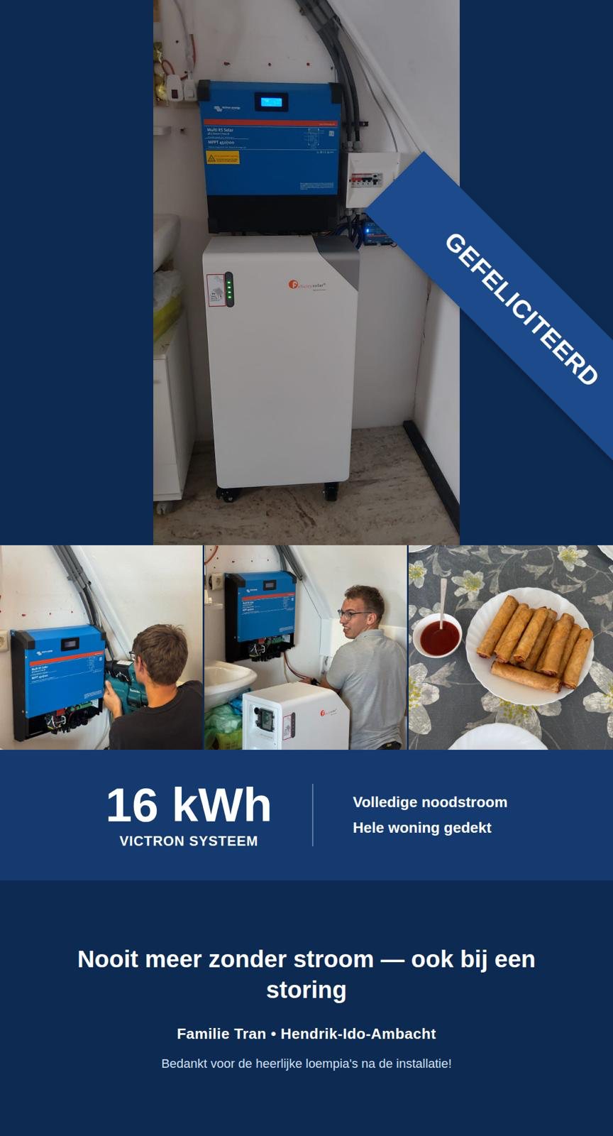 Victron Multi RS Solar met Felicity-batterij van 16 kWh op zolder bij familie Tran in Hendrik-Ido-Ambacht